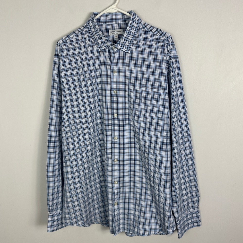 Peter Millar Summer Comfort Crown Long Sleeve Collared Shirt Blue Plaid Size XL - Picture 13 of 14